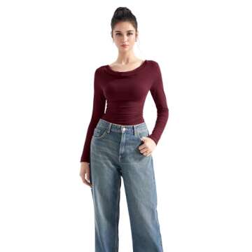 SUUKSESS Women Long Sleeve Off Shoulder Tops Trendy Cowl Neck Going Out Basic Blouses Shirts for Fall (Wine red, XS)