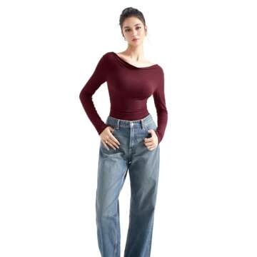 SUUKSESS Women Long Sleeve Off Shoulder Tops Trendy Cowl Neck Going Out Basic Blouses Shirts for Fall (Wine red, XS)