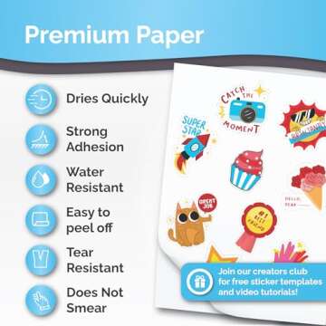Premium Printable Vinyl Sticker Paper for Inkjet & Laser Printer - 32 Sheets Self-Adhesive Sheets Glossy White Waterproof, Dries Quickly Vivid Colors, Holds Ink well- Tear Resistant (Glossy)