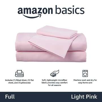 Amazon Basics Kid's Soft Easy-Wash Lightweight Microfiber 4-Piece Sheet Set, Full, Light Pink, Solid
