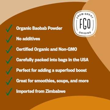 FGO Organic Baobab Powder, from Zimbabwe, 12oz (Pack of 1)