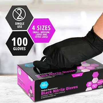 MED PRIDE Black Nitrile Medical Examination Gloves (X-Large, 100-Count) Ultra-Strong 6 mil Thick, Latex & Rubber Free, Disposable Powder-Free Gloves for Healthcare & Food Handling Use