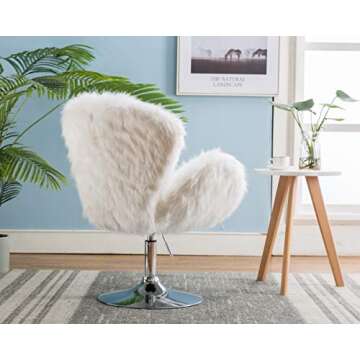 Birsppy White Makeup Vanity Chair, Cute Furry Home Office Chair with Wheels Arms, Fluffy Swivel Accent Chair for Girls Bedroom Living Room,White Long Fur