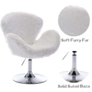 Birsppy White Makeup Vanity Chair, Cute Furry Home Office Chair with Wheels Arms, Fluffy Swivel Accent Chair for Girls Bedroom Living Room,White Long Fur