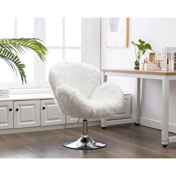 Birsppy White Makeup Vanity Chair, Cute Furry Home Office Chair with Wheels Arms, Fluffy Swivel Accent Chair for Girls Bedroom Living Room,White Long Fur