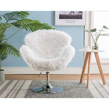 Birsppy White Makeup Vanity Chair, Cute Furry Home Office Chair with Wheels Arms, Fluffy Swivel Accent Chair for Girls Bedroom Living Room,White Long Fur