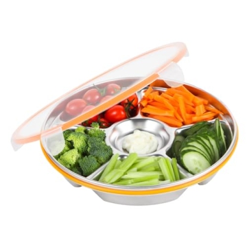 Motith Divided Serving Tray with Lid - Snack Tray Vegetable Tray Stainless Steel 6 Compartments 60oz...