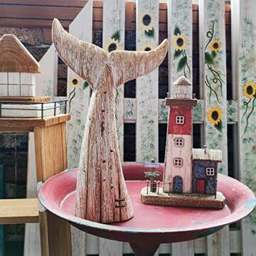 Linfevisi Wooden Whale Tail Decor Tabletop Nautical Decor Solid Wood Whales Tail Statue Sculpture Standing Coastal Decor Beach Figurines for House Sea Decor for Bathroom Ocean Theme Home Decor 13.6" H