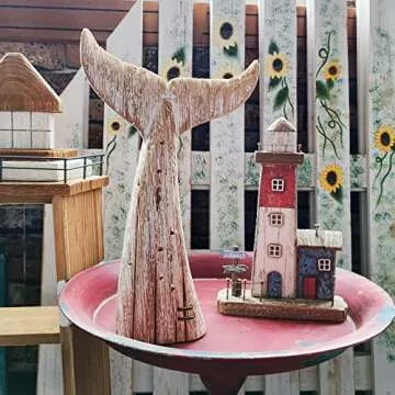 Linfevisi Wooden Whale Tail Decor Tabletop Nautical Decor Solid Wood Whales Tail Statue Sculpture Standing Coastal Decor Beach Figurines for House Sea Decor for Bathroom Ocean Theme Home Decor 13.6" H