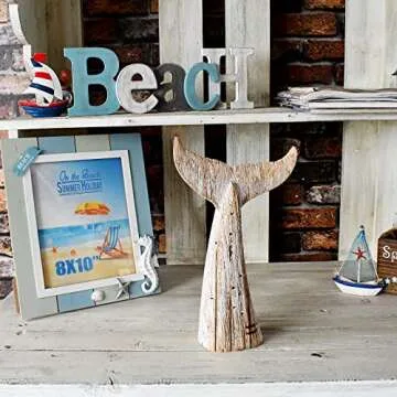 Linfevisi Wooden Whale Tail Decor Tabletop Nautical Decor Solid Wood Whales Tail Statue Sculpture Standing Coastal Decor Beach Figurines for House Sea Decor for Bathroom Ocean Theme Home Decor 13.6" H