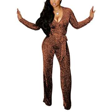 LightlyKiss Women's Casual Sexy V-neck Sparkling Jumpsuit Long Sleeved Jumpsuit Loose Pants Party Clubwear jumpsuit Belt Copper Gold