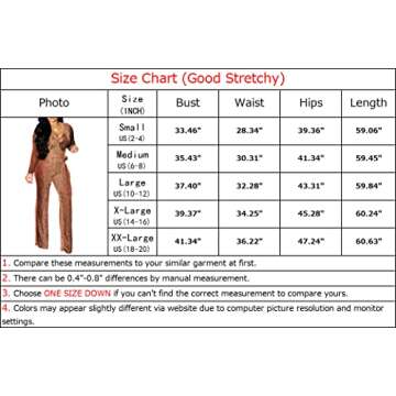 LightlyKiss Women's Casual Sexy V-neck Sparkling Jumpsuit Long Sleeved Jumpsuit Loose Pants Party Clubwear jumpsuit Belt Copper Gold