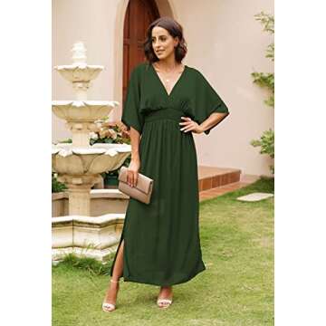 Meenew Women Sexy Plunge Neck Long Slit Dress Empire Waist Floor Length Dress M Army Green