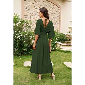 Meenew Women Sexy Plunge Neck Long Slit Dress Empire Waist Floor Length Dress M Army Green