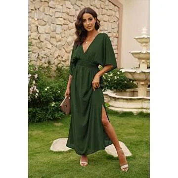 Meenew Women Sexy Plunge Neck Long Slit Dress Empire Waist Floor Length Dress M Army Green