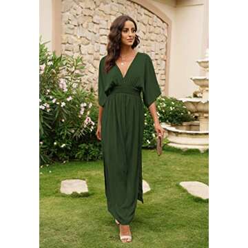 Meenew Women Sexy Plunge Neck Long Slit Dress Empire Waist Floor Length Dress M Army Green