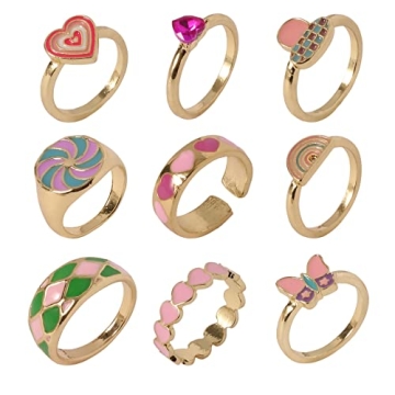 Brighten Your Look with LNGLAT 9PCS Y2K Colorful Rings Set for Trendy Style