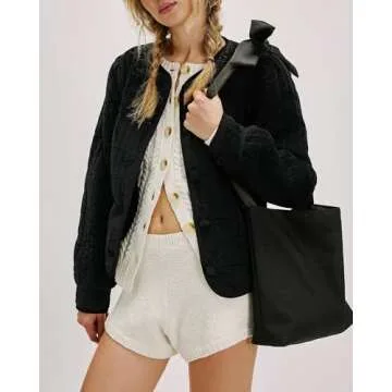 Locachy Women's Vintage Crew Neck Quilted Puffer Jacket Button Down Padded Cropped Fall Winter Outerwear Coat Black S