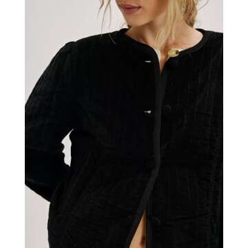 Locachy Women's Vintage Crew Neck Quilted Puffer Jacket Button Down Padded Cropped Fall Winter Outerwear Coat Black S