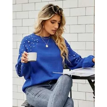 Blooming Jelly Women's Chunky Sweater Crewneck Sweatshirt Knit Lantern Sleeve Oversized Pullover Sweater with Pearls (Medium, Royal Blue)