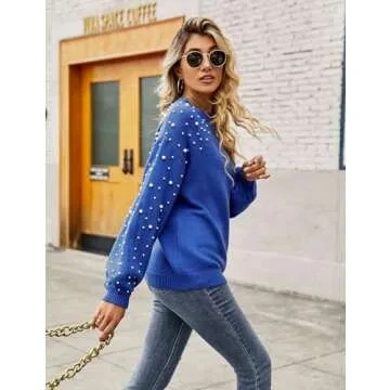 Blooming Jelly Women's Chunky Sweater Crewneck Sweatshirt Knit Lantern Sleeve Oversized Pullover Sweater with Pearls (Medium, Royal Blue)