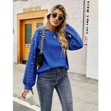 Blooming Jelly Women's Chunky Sweater Crewneck Sweatshirt Knit Lantern Sleeve Oversized Pullover Sweater with Pearls (Medium, Royal Blue)