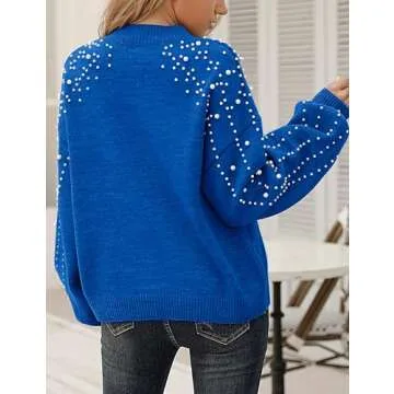 Blooming Jelly Women's Chunky Sweater Crewneck Sweatshirt Knit Lantern Sleeve Oversized Pullover Sweater with Pearls (Medium, Royal Blue)