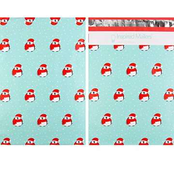 Inspired Mailers - Christmas Poly Mailers 10x13 Holiday Variety Pack of 40-10 each: Gnomes, Penguins, Mistletoe, Ornaments Shipping Envelopes (10x13, 40 Pack)