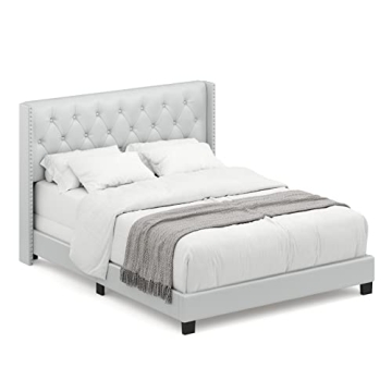 DG Casa Bardy Diamond Tufted Upholstered Panel Queen Bed Frame with Tall Wingback Headboard in White...