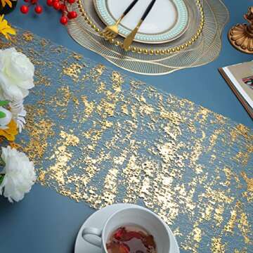 Snowkingdom 2 Pieces Gold Table Runner, Sequin Glitter Foil Metallic Thin Mesh Runner Roll 11"x108", Gold Table Decorations for Event Party, Wedding, Birthday Party, Christmas