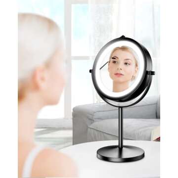 Benbilry 10X Magnifying Lighted Makeup Mirror, 7 Inch Double Sided 1X/10X Magnification with Lights, 360° Rotation Swivel Travel Make Up Mirror with Lighting, Battery Operated Black