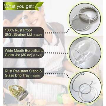 Premium Sprouting Jar Kit - Unique 30 oz Wide Mouth Sprouting Jar, Stand, Tray and 316 Stainless Screen Lid | Decorative Indoor Seed Sprouter and Germinator (1 Kit)