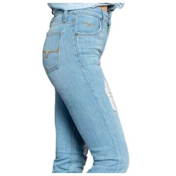 Kimes Ranch Women's Sugar Fade Casual Western Ultra-High Rise Wide Flare Distressed Blue Washed Denim Jeans, 00-36