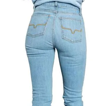 Kimes Ranch Women's Sugar Fade Casual Western Ultra-High Rise Wide Flare Distressed Blue Washed Denim Jeans, 00-36