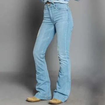 Kimes Ranch Women's Sugar Fade Casual Western Ultra-High Rise Wide Flare Distressed Blue Washed Denim Jeans, 00-36