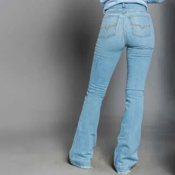 Kimes Ranch Women's Sugar Fade Casual Western Ultra-High Rise Wide Flare Distressed Blue Washed Denim Jeans, 00-36