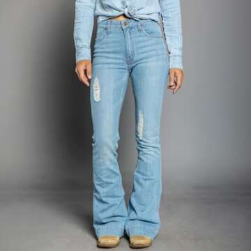Kimes Ranch Women's Sugar Fade Casual Western Ultra-High Rise Wide Flare Distressed Blue Washed Denim Jeans, 00-36