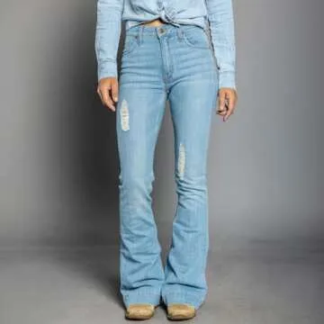 Kimes Ranch Women's Sugar Fade Casual Western Ultra-High Rise Wide Flare Distressed Blue Washed Denim Jeans, 00-36