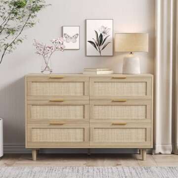 Angel Sar Rattan Dresser for Bedroom, 6 Drawer Wide Dresser, Boho&Farmhouse Chest of Drawers, 43" Clothes Storage Cabinet, Metal Handle&Wood Legs for Hallway, Living Room, Bedroom, Wood
