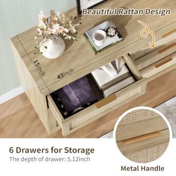 Angel Sar Rattan Dresser for Bedroom, 6 Drawer Wide Dresser, Boho&Farmhouse Chest of Drawers, 43" Clothes Storage Cabinet, Metal Handle&Wood Legs for Hallway, Living Room, Bedroom, Wood
