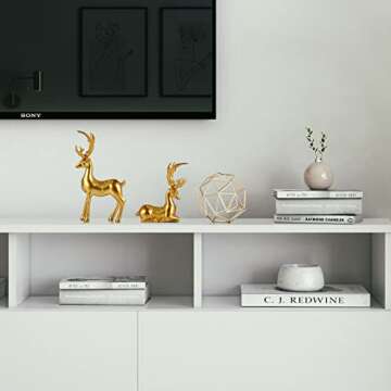 Purbert Gold Decor Set of 2 Resin Lucky Deer Sculptures for Modern Home Decor, Reindeer Decorations Indoor for Living Room,Bedroom Office and Shelf, Gift for Her Mom Wife Sister(Gold)