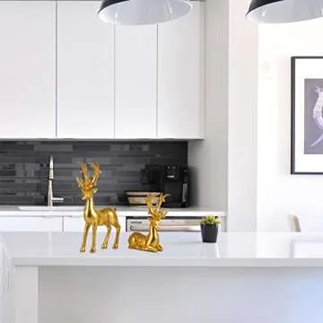 Purbert Gold Decor Set of 2 Resin Lucky Deer Sculptures for Modern Home Decor, Reindeer Decorations Indoor for Living Room,Bedroom Office and Shelf, Gift for Her Mom Wife Sister(Gold)