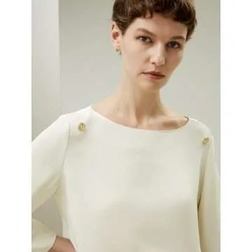 LilySilk Womens Pure Silk Shirt Ladies 30MM Mulberry Silk Blouse with Gold-Tone Buttons Decorated Three-Quarter Sleeves and Boat Neck Top for Casual and Vacations,Natural White 10
