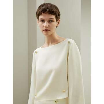 LilySilk Womens Pure Silk Shirt Ladies 30MM Mulberry Silk Blouse with Gold-Tone Buttons Decorated Three-Quarter Sleeves and Boat Neck Top for Casual and Vacations,Natural White 10