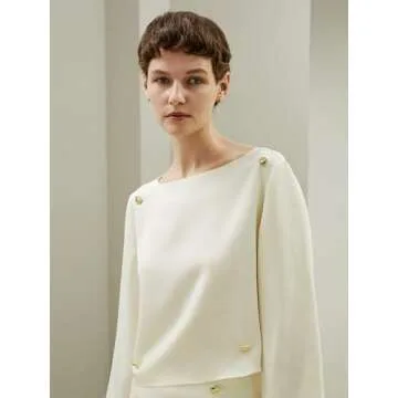 LilySilk Womens Pure Silk Shirt Ladies 30MM Mulberry Silk Blouse with Gold-Tone Buttons Decorated Three-Quarter Sleeves and Boat Neck Top for Casual and Vacations,Natural White 10