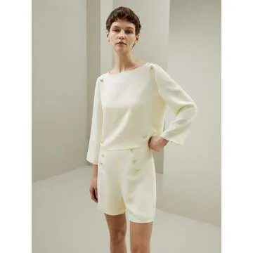 LilySilk Womens Pure Silk Shirt Ladies 30MM Mulberry Silk Blouse with Gold-Tone Buttons Decorated Three-Quarter Sleeves and Boat Neck Top for Casual and Vacations,Natural White 10