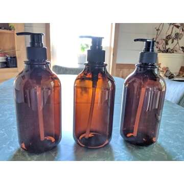Shampoo and Conditioner Dispenser with Black Plastic Pump, 3 Pack Shampoo Conditioner Body Wash Dispensers, 16 Oz Shower Soap Dispensers with 8 Labels, Amber Refillable Shampoo and Conditioner Bottles