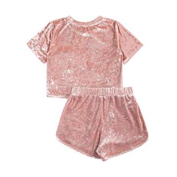 MakeMeChic Women's 2 Piece Outfits Velvet Crop Top Tee Shirt and Shorts Pajama Sets Light Pink M