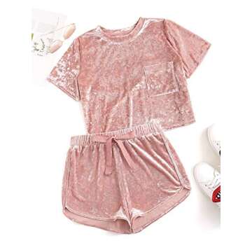 MakeMeChic Women's 2 Piece Outfits Velvet Crop Top Tee Shirt and Shorts Pajama Sets Light Pink M