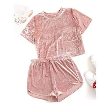 MakeMeChic Women's 2 Piece Outfits Velvet Crop Top Tee Shirt and Shorts Pajama Sets Light Pink M